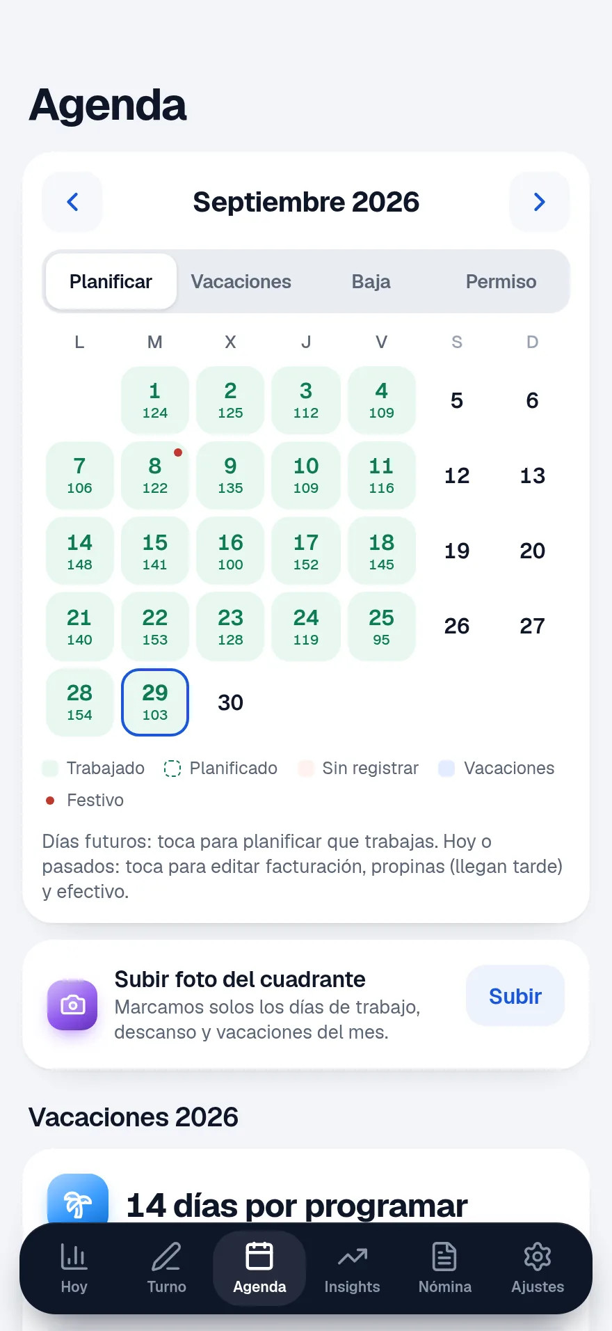 Agenda de septiembre con los días trabajados en verde, la facturación de cada día y la opción Subir foto del cuadrante