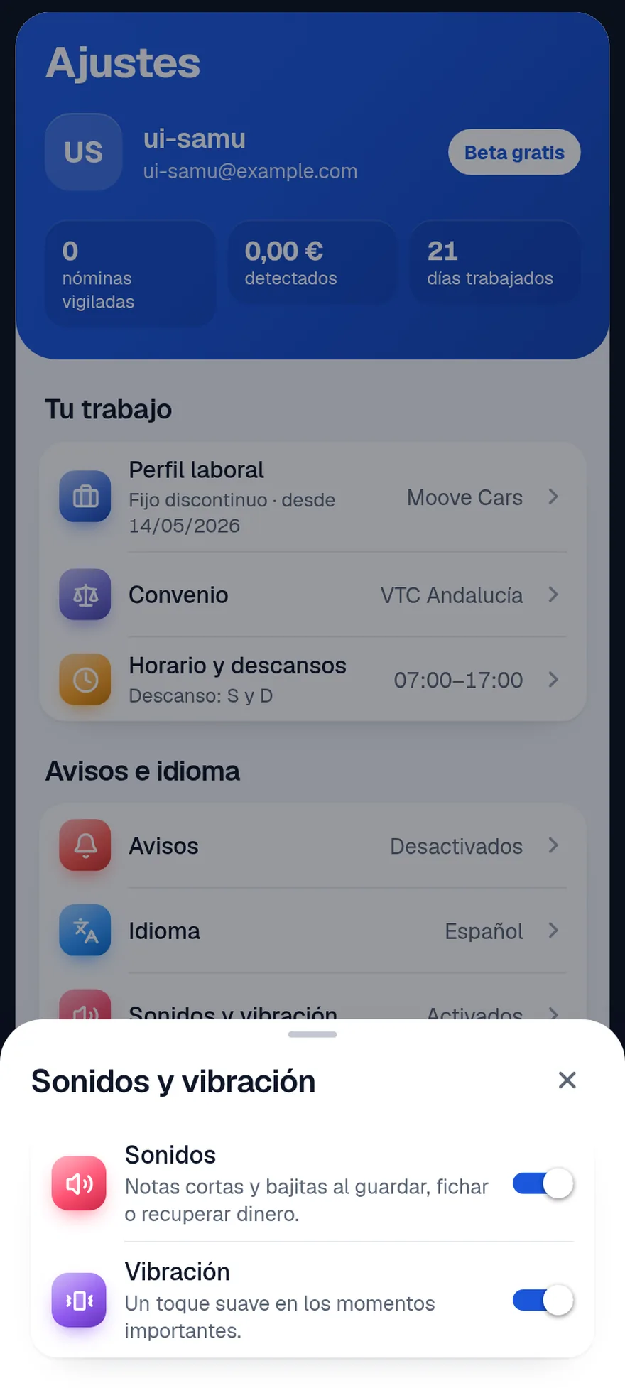 Hoja Sonidos y vibración en Android con los dos interruptores