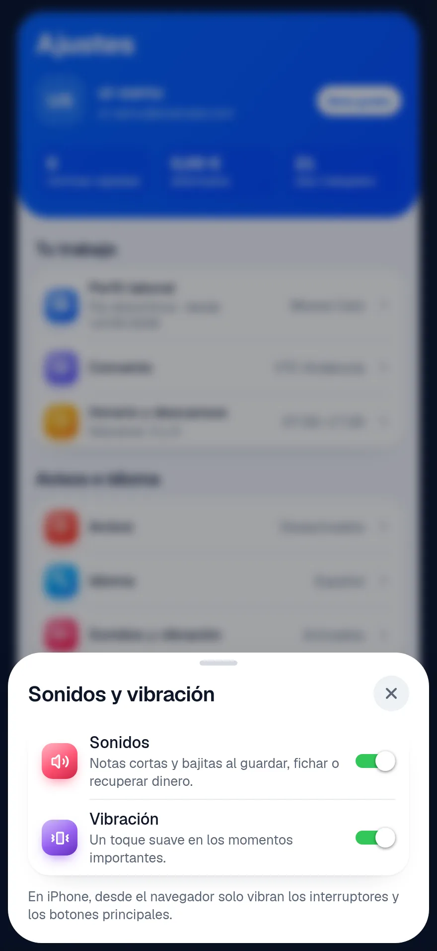 Hoja Sonidos y vibración en iPhone con los dos interruptores y la nota sobre la vibración en el navegador