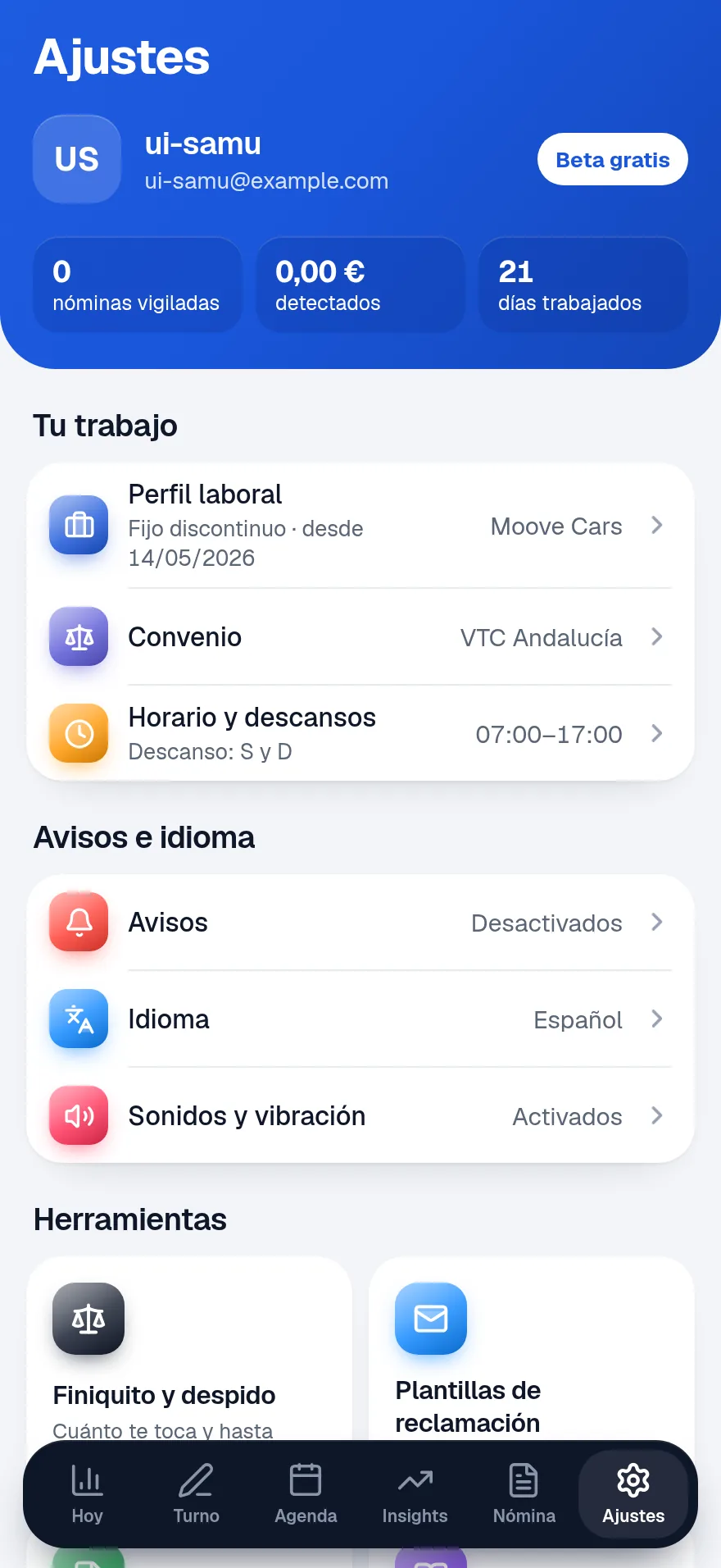 Ajustes con los grupos Tu trabajo, Avisos e idioma y Herramientas