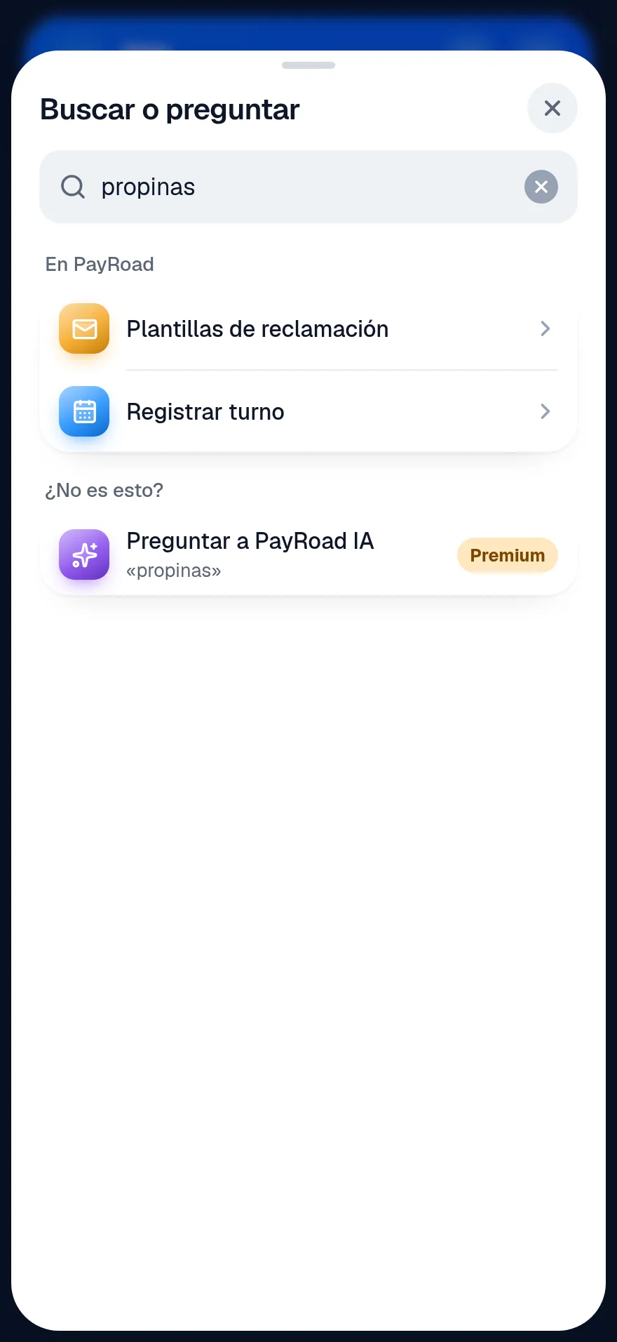 Resultados al buscar «propinas»: pantallas de PayRoad y la opción Preguntar a PayRoad IA