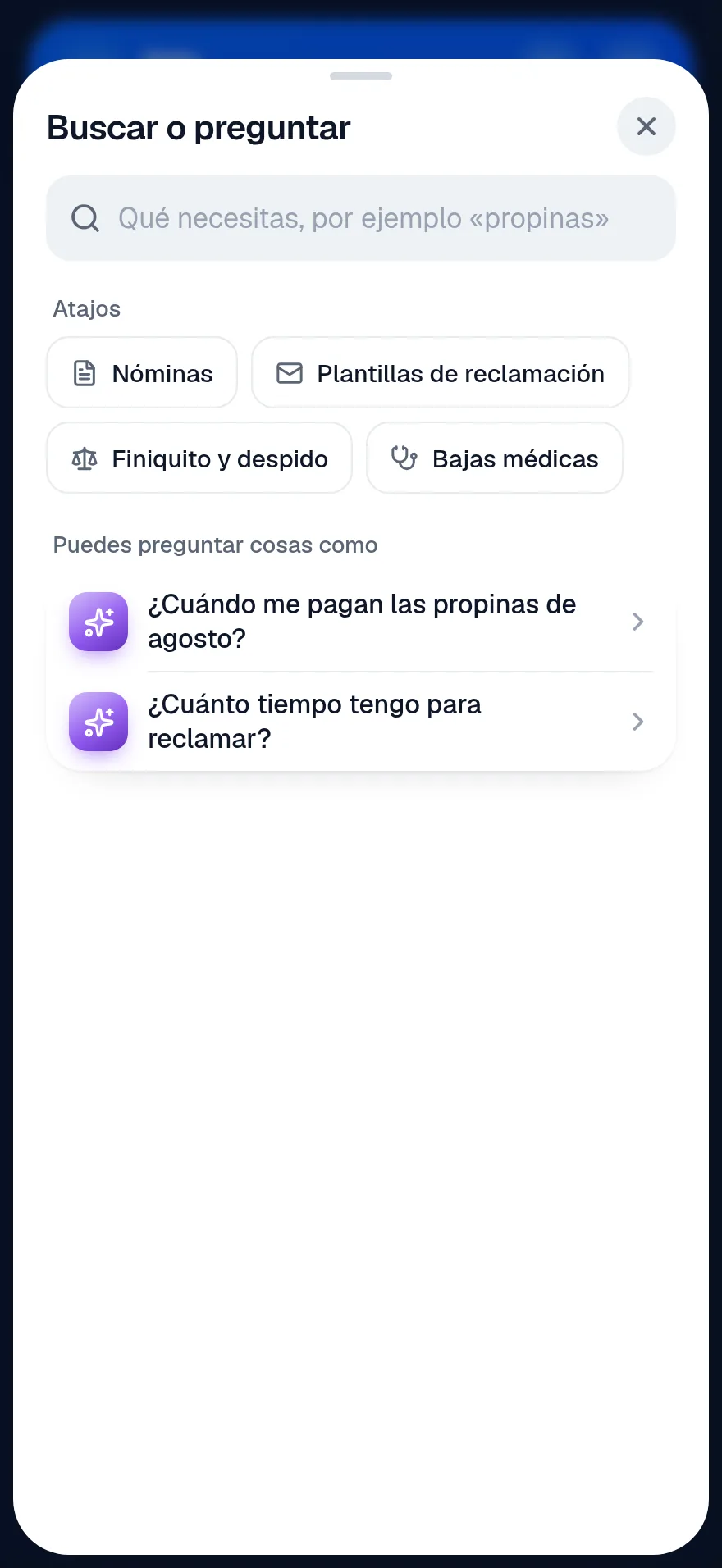 Buscar o preguntar recién abierto, con atajos y preguntas de ejemplo