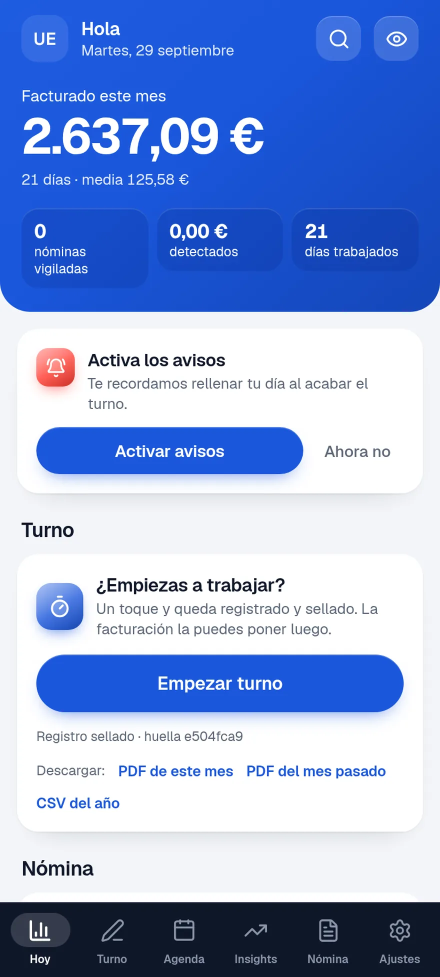 Pantalla Hoy en Android con la misma información y la barra de pestañas pegada abajo