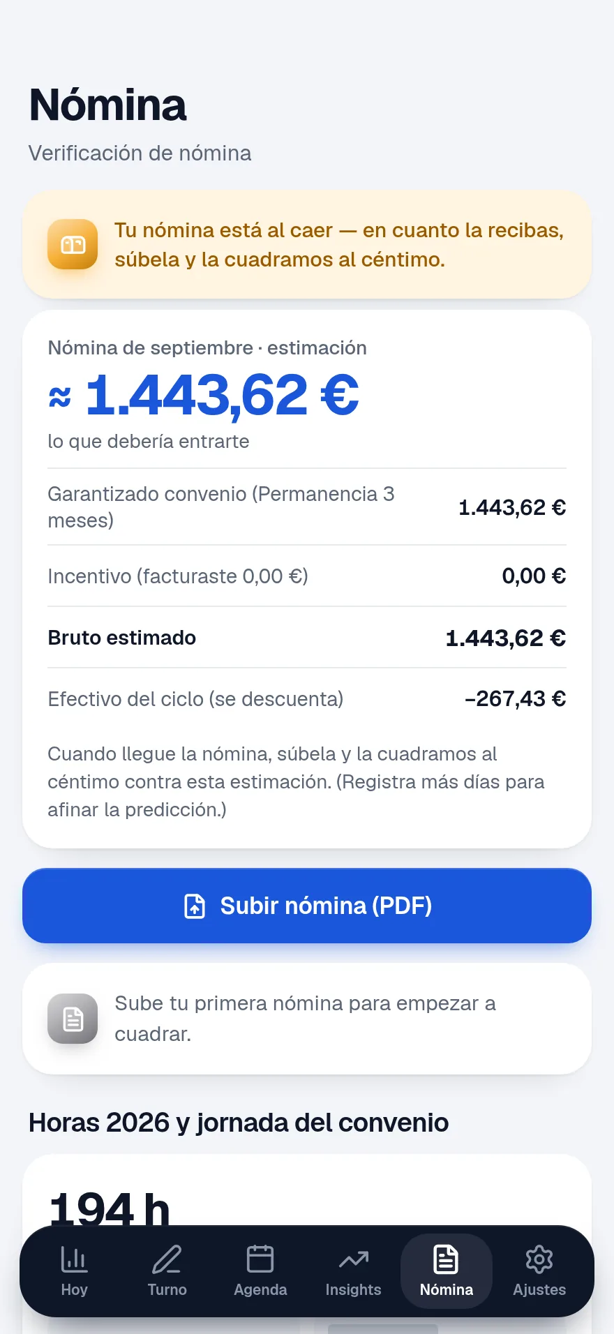Pestaña Nómina con la estimación de la nómina de septiembre y el botón Subir nómina (PDF)