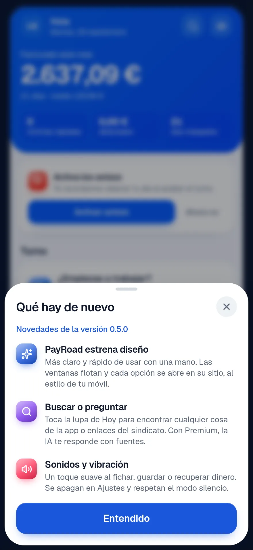Hoja «Qué hay de nuevo» de la versión 0.5.0 con tres novedades: PayRoad estrena diseño, Buscar o preguntar, y Sonidos y vibración