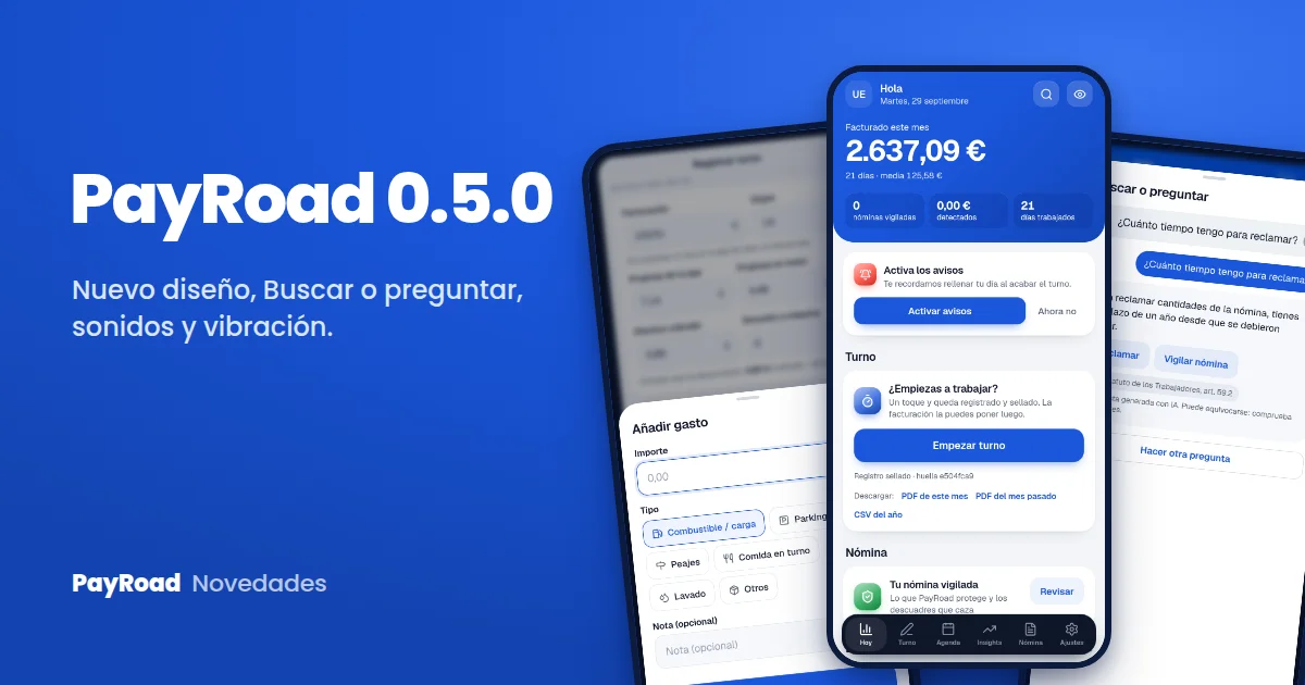 Tres pantallas de PayRoad 0.5.0: añadir un gasto, la pantalla Hoy y una respuesta de Buscar o preguntar