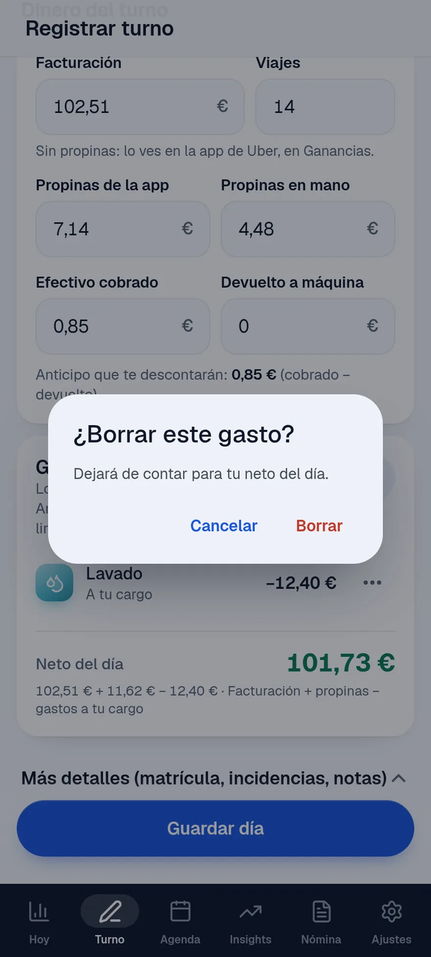 Confirmación de borrado en Android, con los botones Cancelar y Borrar a la derecha