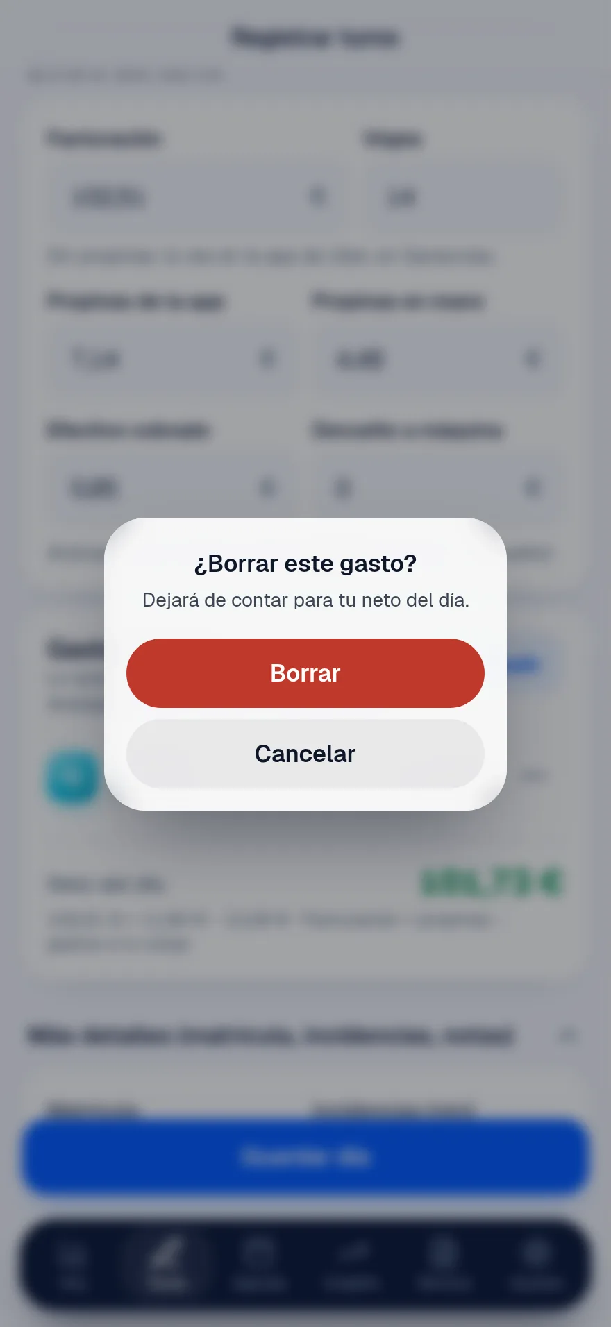 Diálogo ¿Borrar este gasto? con los botones Borrar y Cancelar