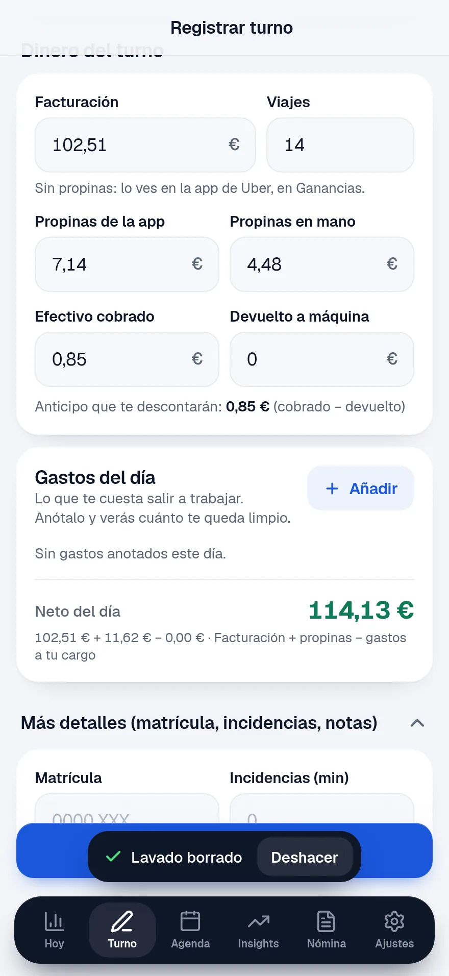 Aviso Lavado borrado con el botón Deshacer