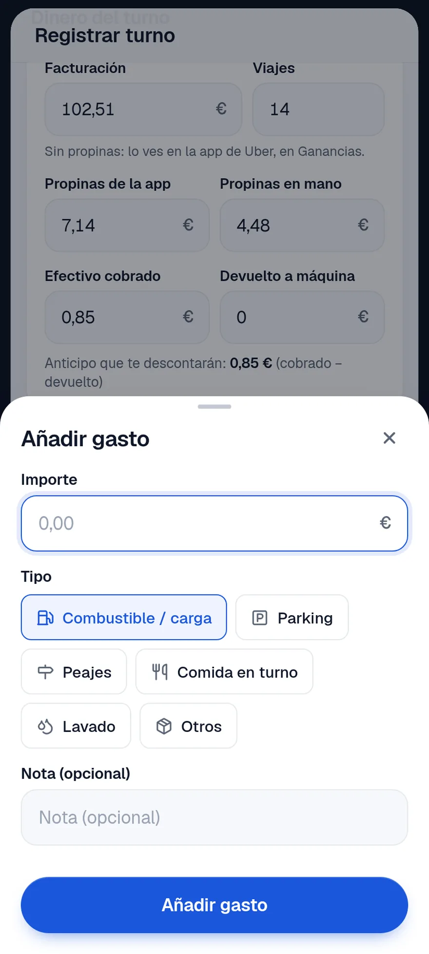 Hoja Añadir gasto en Android, pegada al borde inferior