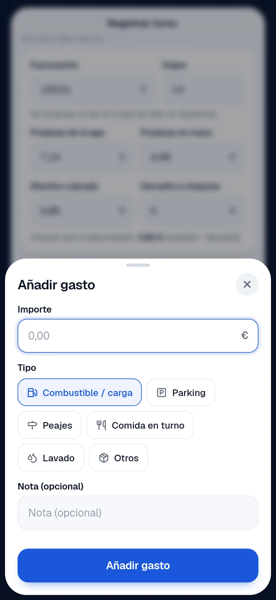Hoja Añadir gasto con el importe, los tipos de gasto y una nota opcional
