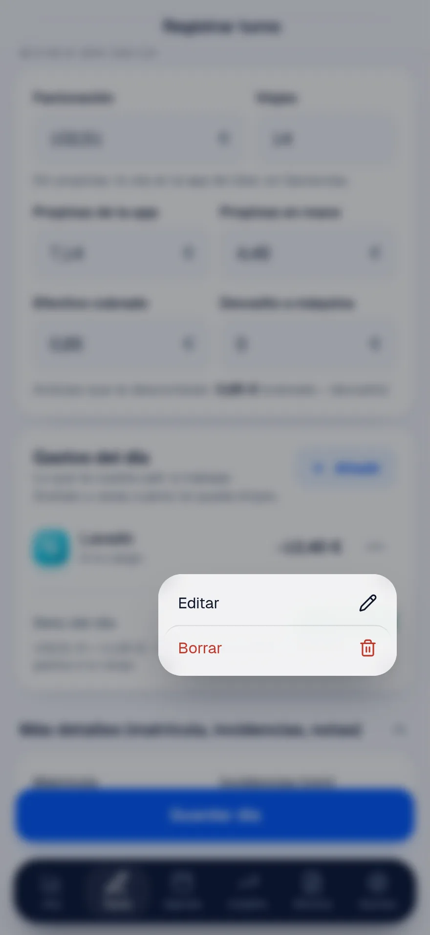 Menú de un gasto con las opciones Editar y Borrar