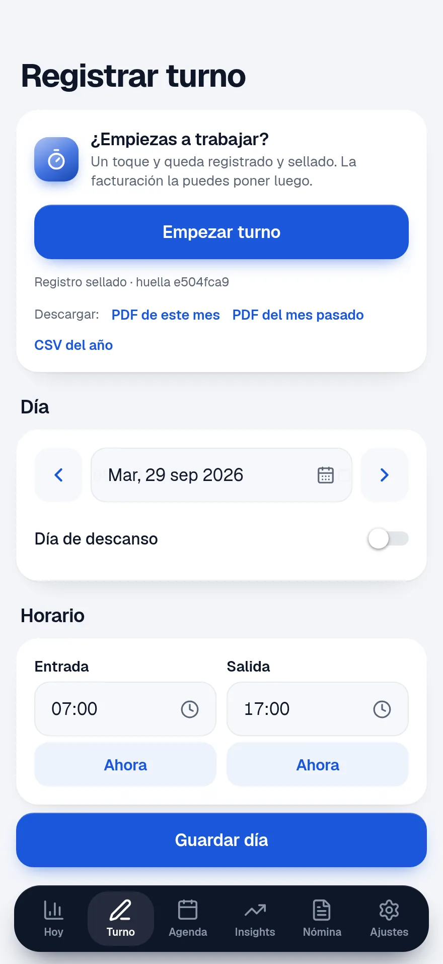 Pestaña Turno: facturación, viajes, propinas de la app, propinas en mano, efectivo cobrado y devuelto