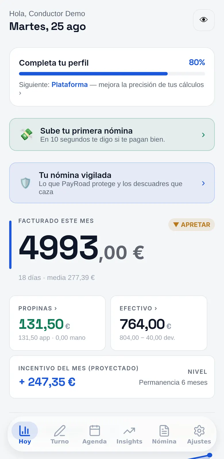 Hoy: 4.993 € facturados este mes en 18 días
