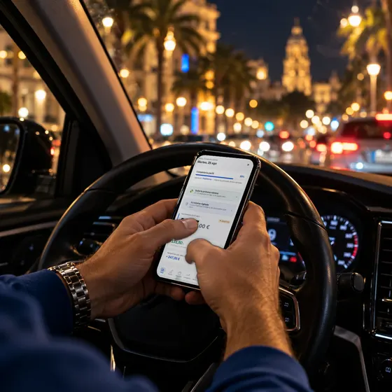 De noche y parado en el tráfico, un conductor mira PayRoad en el móvil
