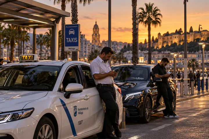 Parada de taxis en Málaga al atardecer: un taxista y un conductor de VTC miran el móvil apoyados en sus coches