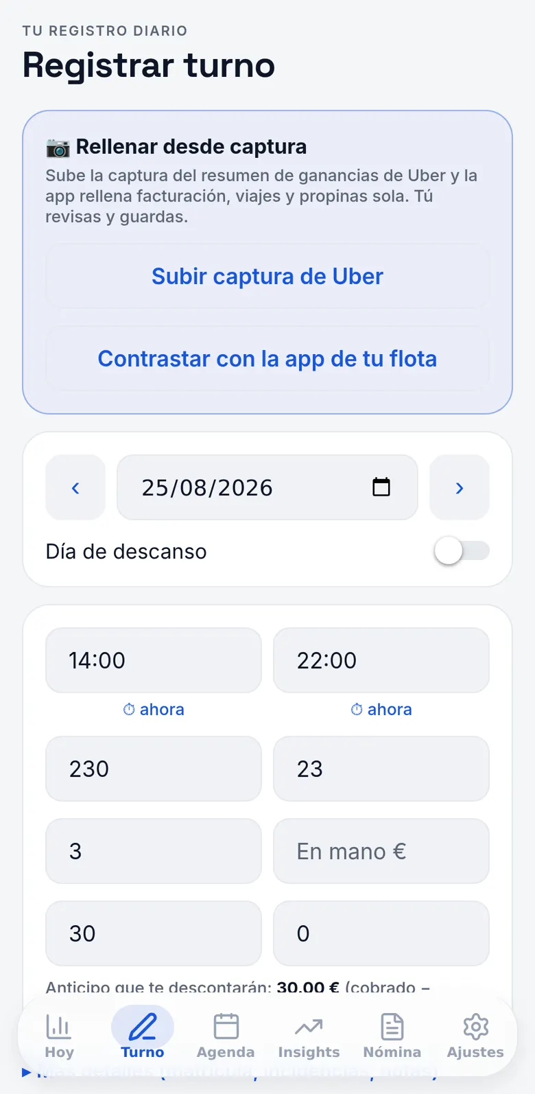Registrar turno: 25/08/2026, de 14:00 a 22:00, 230 € y 23 viajes